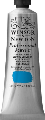 Cerulean Chromium Blue acrylic paint from Winsor & Newton in a 60ml tube, known for vibrant colors and excellent mixing properties.