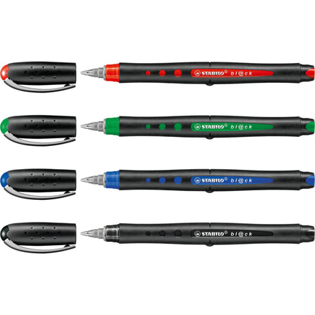 Pack of 10 Stabilo Bl@Ck Rollerball pens in vibrant green, featuring anti-roll design and metal clip for easy portability.