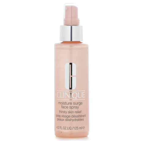 Clinique Moisture Surge Face Spray bottle, a hydrating mist for thirsty skin in a travel-friendly 125ml size.