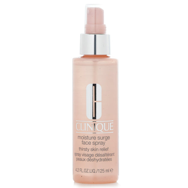 Clinique Moisture Surge Face Spray bottle, a hydrating mist for thirsty skin in a travel-friendly 125ml size.