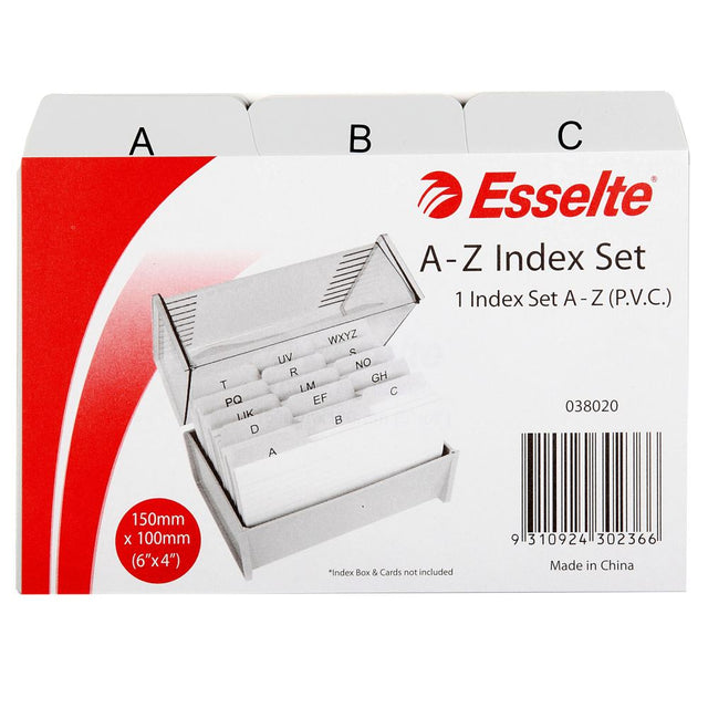 Grey ESSELTE A-Z indices made from durable PVC, measuring 152x102mm, perfect for organizing documents efficiently.