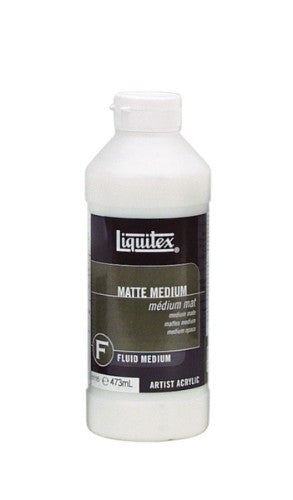 Liquitex Matte Medium 473ml bottle, designed for a matte finish, enhances acrylic colors and improves paint application.