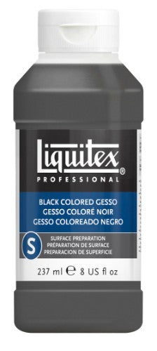 Black acrylic gesso in a 237ml bottle, perfect for priming surfaces for painting on canvas, wood, paper, and metal.