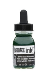 Liquitex Acrylic Inks in Sap Green Permanent 315, fluid, quick-drying paint ideal for watercolour techniques and stamping.