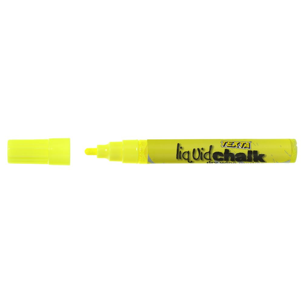 Vibrant yellow Texta Liquid Chalk Marker with bullet tip, perfect for bold writing and easy dry wipe cleanup on non-porous surfaces.