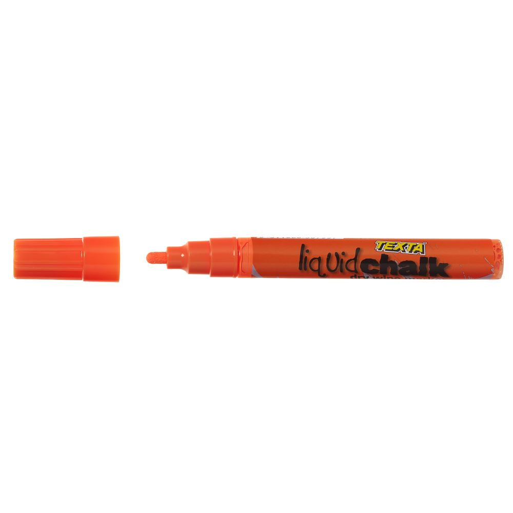 Vibrant orange Texta Liquid Chalk Marker with bullet tip, perfect for mess-free writing on various surfaces.