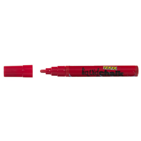 Red Texta Liquid Chalk Marker with bullet tip, perfect for smooth writing on non-porous surfaces; easy to clean and non-toxic.