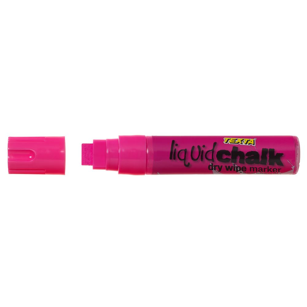 Vibrant pink Texta Liquid Chalk Marker for bold, non-toxic writing on non-porous surfaces, easy to clean and versatile.