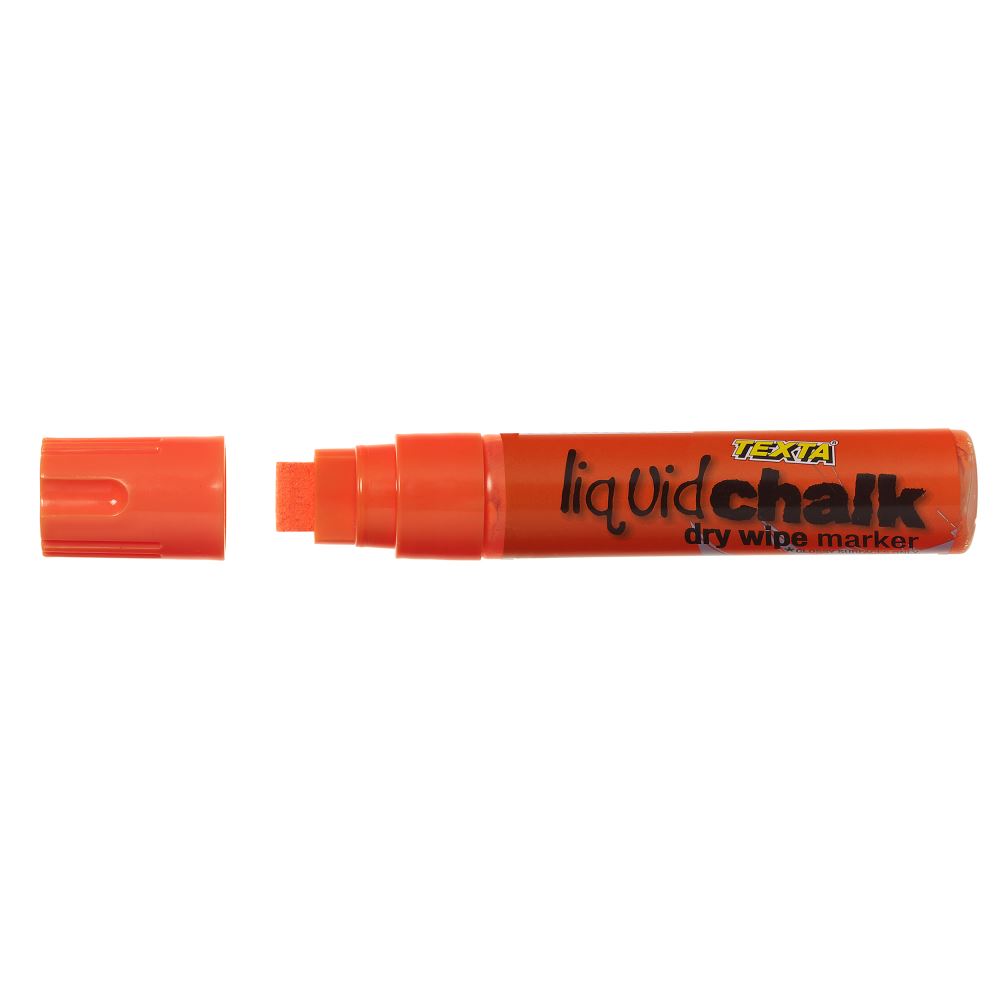 Orange Texta liquid chalk marker for dry wipe surfaces, ideal for colorful writing and drawing.