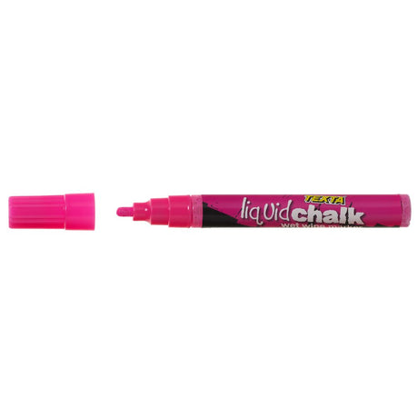 Vibrant pink Texta liquid chalk marker for smooth writing on various surfaces, easily wiped off for creative projects.