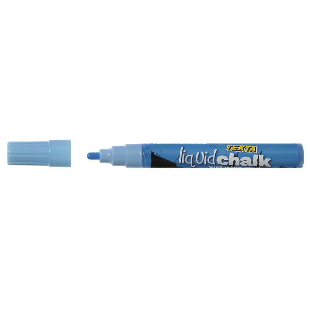 Texta Liquid Chalk Marker in blue, featuring a bullet tip for precise lines and easy wet wipe cleanup on various surfaces.