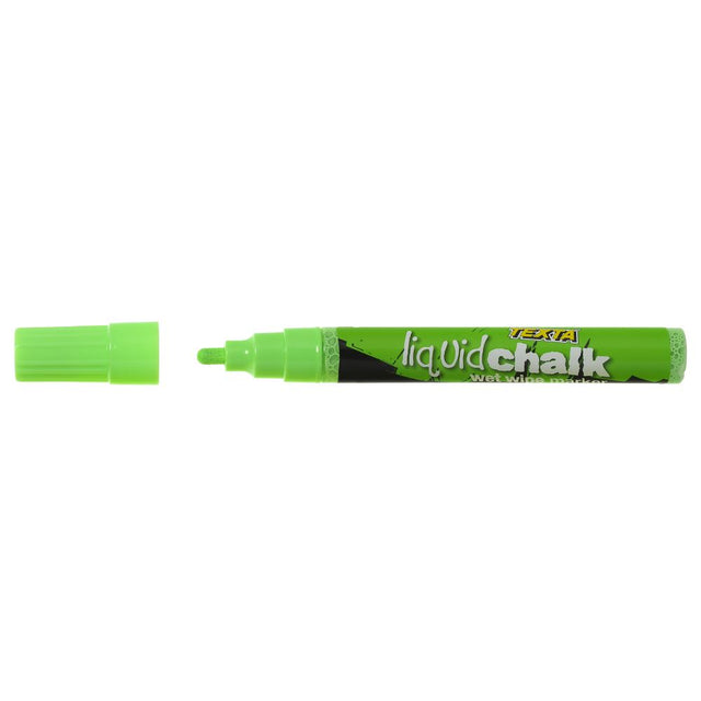 Green Texta Liquid Chalk Marker with fine bullet tip, ideal for vibrant, removable designs on various surfaces.