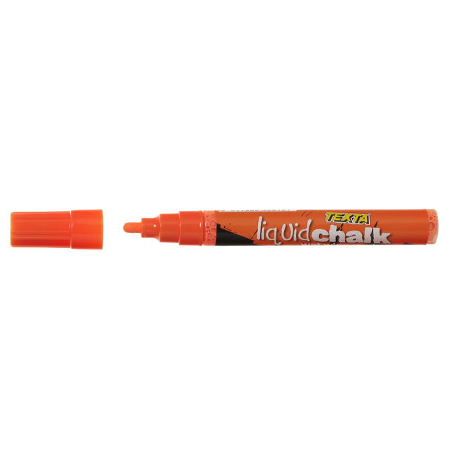 Vibrant orange Texta liquid chalk marker with bullet tip for precise lines, perfect for art projects and easy clean-up.