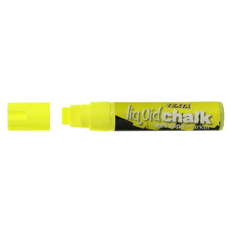 "Texta Liquid Chalk Marker in vibrant yellow, ideal for drawing on non-porous surfaces with easy wipe-clean functionality."