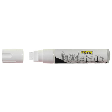 Texta Liquid Chalk Marker in White, ideal for vibrant, mess-free designs on non-porous surfaces, suitable for all ages.