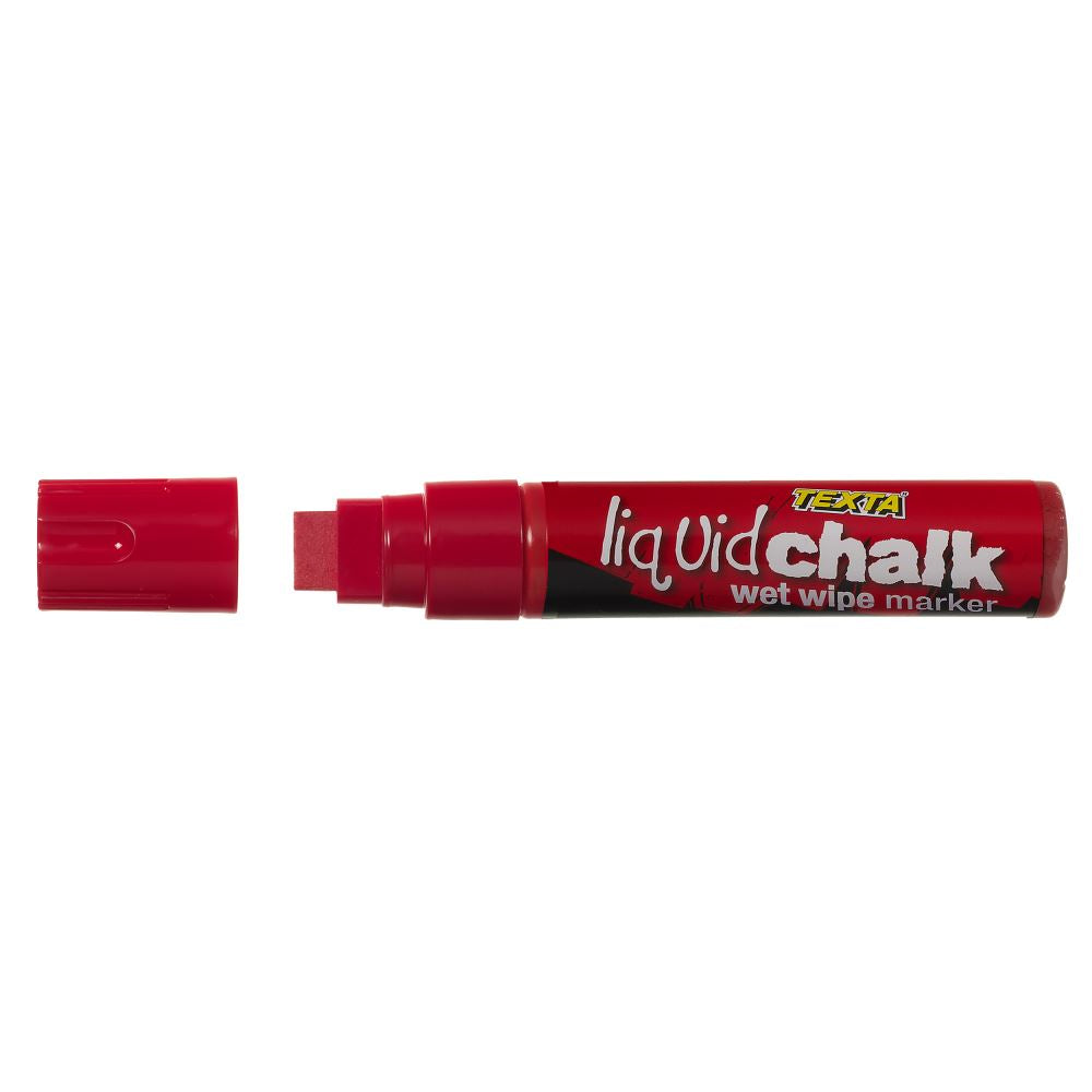 Vibrant red Texta Liquid Chalk Marker for creative drawing on various surfaces, easily wipeable and non-toxic for all ages.