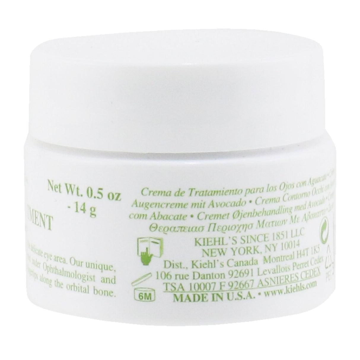 Kiehl's Creamy Eye Treatment with Avocado in a green jar, providing hydration and reducing puffiness around the eyes.