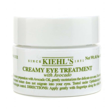 Creamy eye treatment jar with avocado, hydrating, reduces puffiness, fine lines, and suits all skin types.