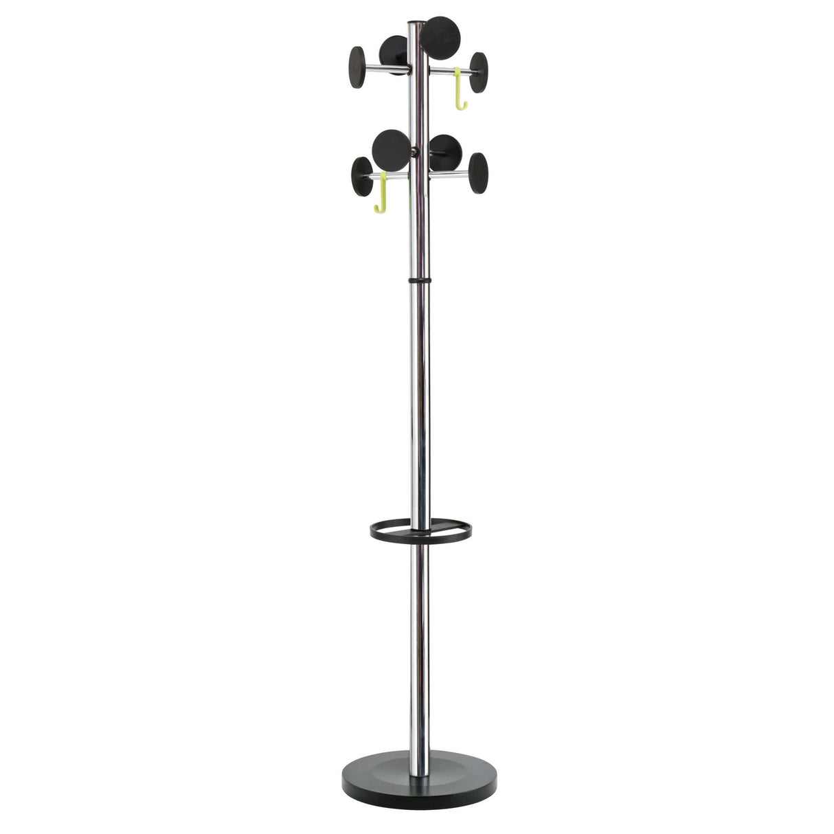 Sleek Alba Stan 3 Coat Rack in silver and black, featuring multiple hooks and an umbrella stand, ideal for stylish organization.