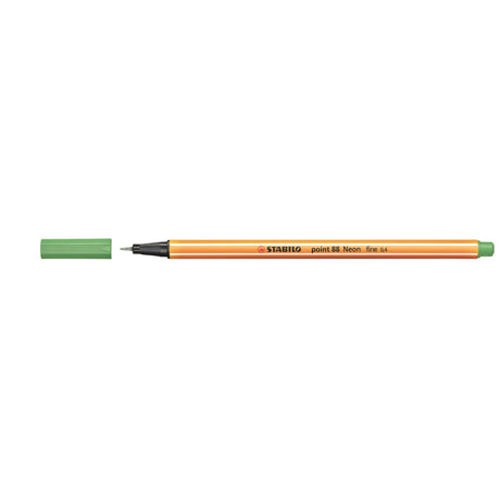 Stabilo Point 88 Neon Green fineliner box of 10, featuring durable tips, 0.4mm line width, and vibrant ink for creative projects.