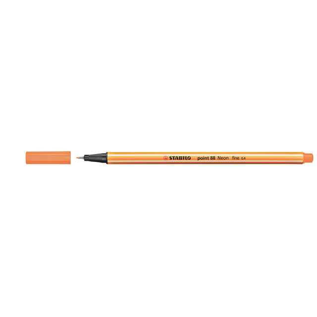 Stabilo Point 88 Fineliner Neon Orange Box of 10, featuring durable tips for precision art and writing in vibrant neon orange.