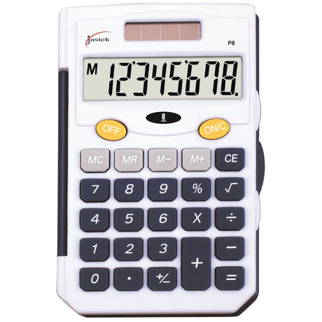 Jastek Pocket Calculator in blue with an 8-digit display, durable keys, dual power, and compact design for easy calculations.