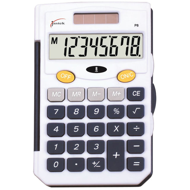 Jastek Pocket Calculator in blue with an 8-digit display, durable keys, dual power, and compact design for easy calculations.