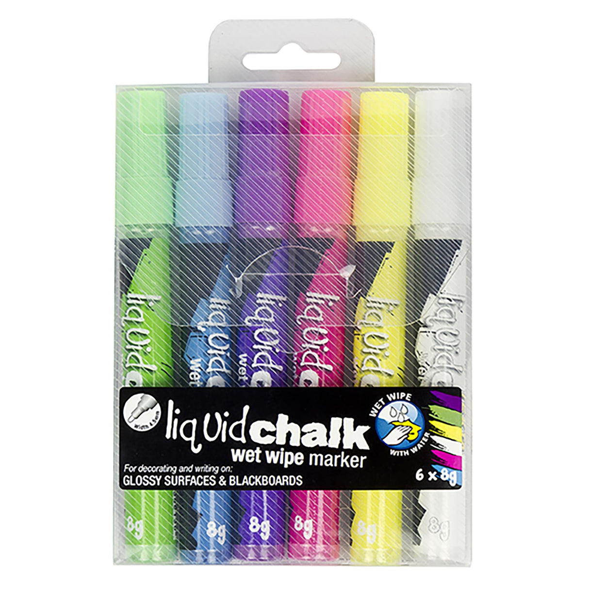 Assorted Texta liquid chalk markers in a wallet, featuring bullet tips and non-toxic for safe writing.