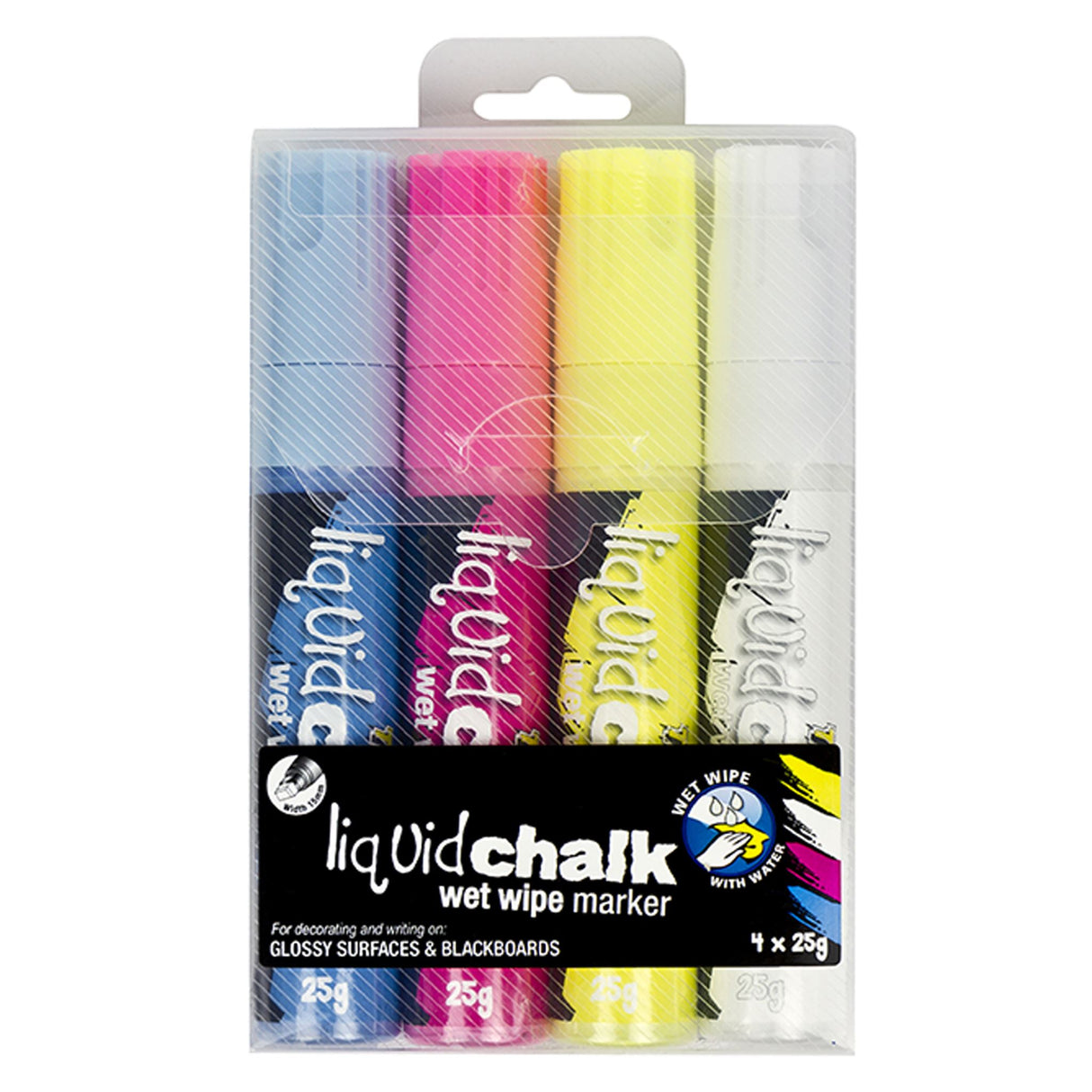 Texta Liquid Chalk Marker set with bullet tips for vibrant, wipeable designs on glossy surfaces and blackboards. Non-toxic.