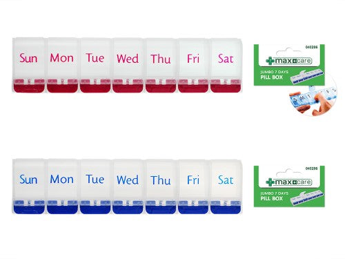 Large, colorful Jumbo Pill Box with 7 compartments for daily medication organization, featuring push-to-open lids for easy access.