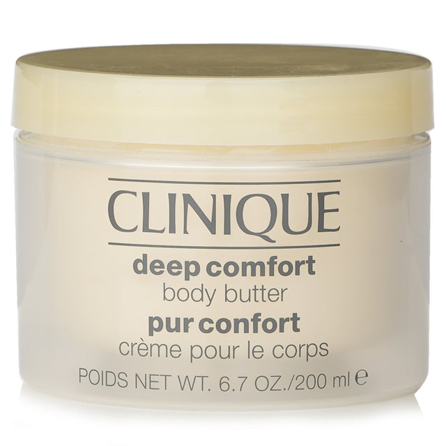 Clinique Deep Comfort Body Butter in a 200ml jar, ideal for nourishing and hydrating rough, dry skin areas like elbows and knees.