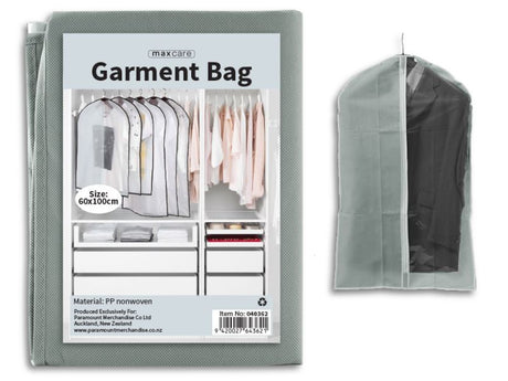 Sleek Maxcare Silver Suit Bag, 100cm, offers durable, lightweight protection for formal wear, available in a pack of 36 units.