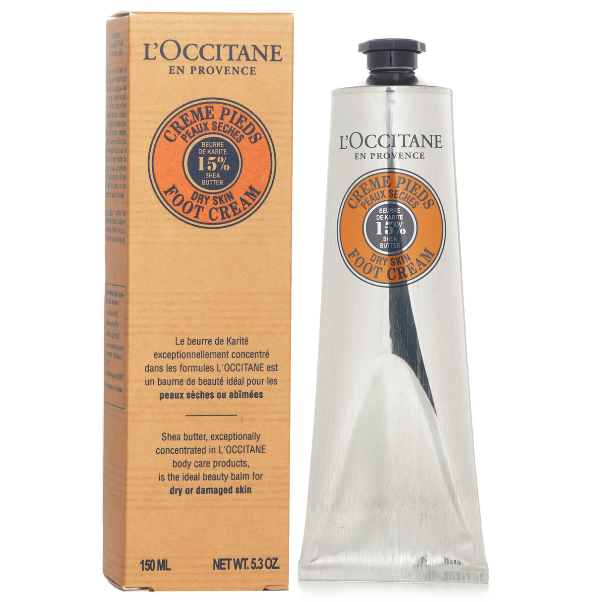 L'Occitane Shea Butter Foot Cream in 150ml, nourishes and soothes tired feet with shea butter and lavender oil.