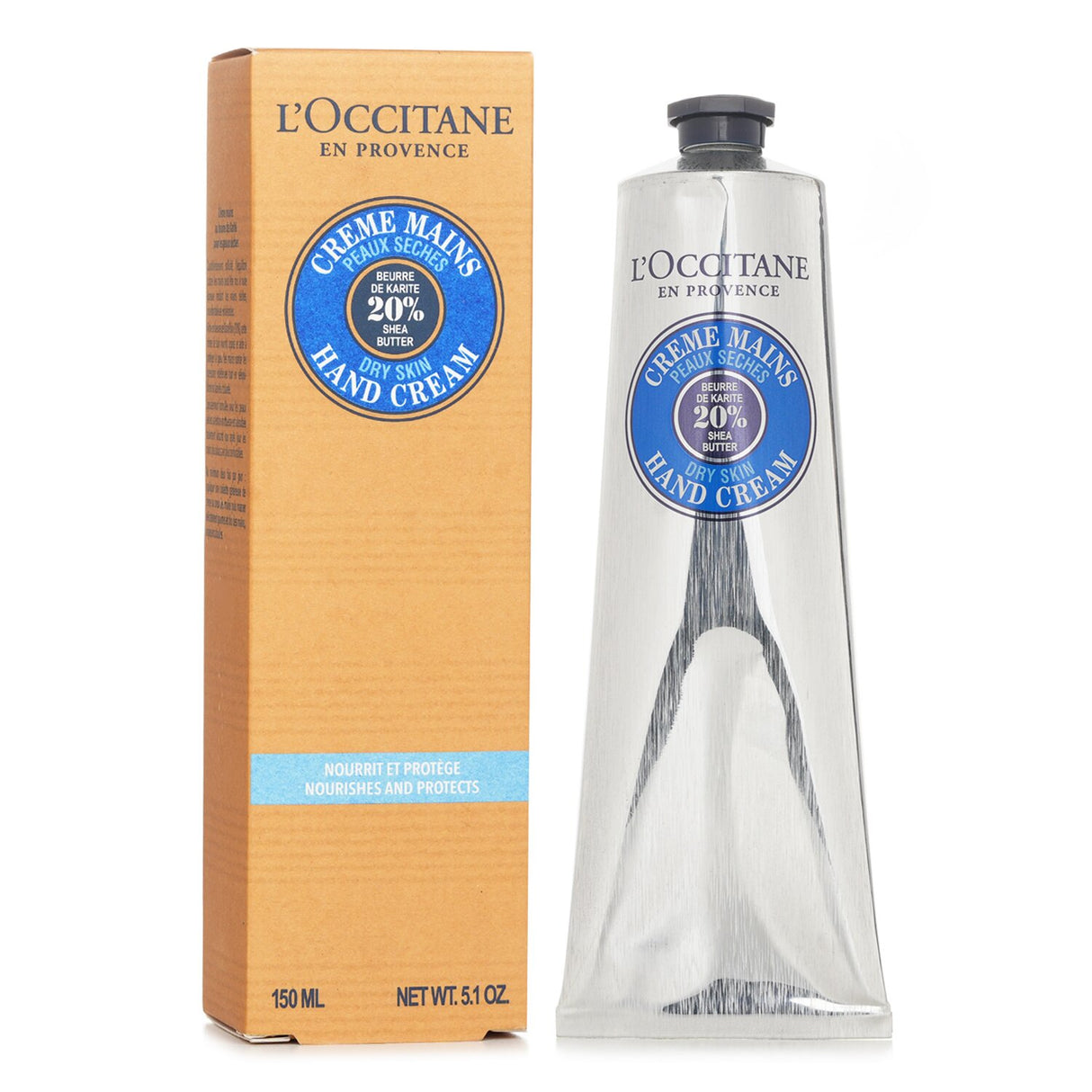 L'Occitane Shea Butter Hand Cream in a 150ml tube, providing intense moisture and nourishment with a non-greasy finish.
