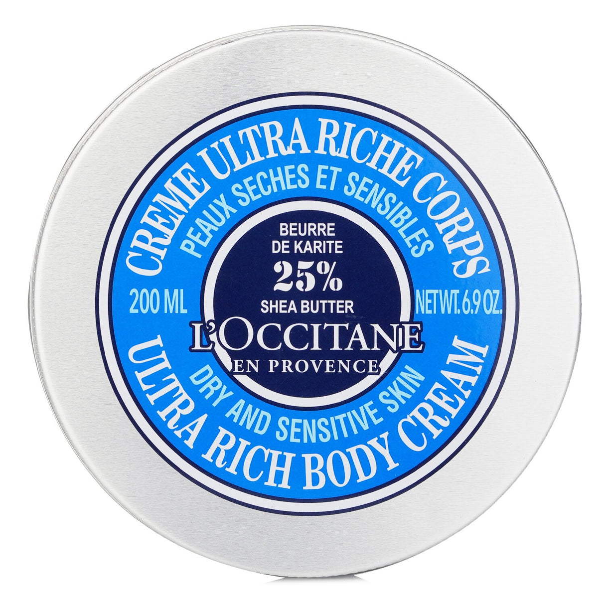 L'Occitane's Shea Butter Ultra Rich Body Cream in a 200ml jar, designed to intensely moisturize and nourish dry skin.