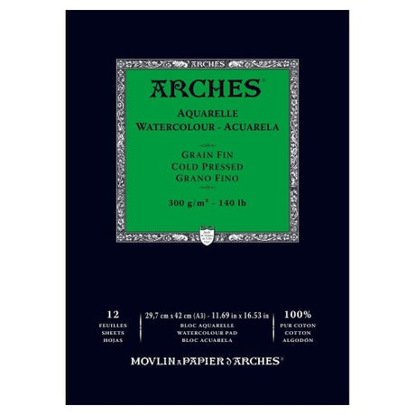High-quality A3 Arches watercolour pad, 300gsm, cold-pressed, made from 100% cotton for excellent stability and color vibrancy.