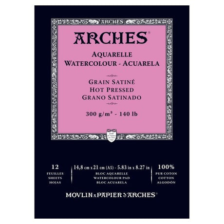 High-quality Arches A5 hot pressed watercolor pad, 300gsm, made from 100% cotton for excellent water absorption and durability.