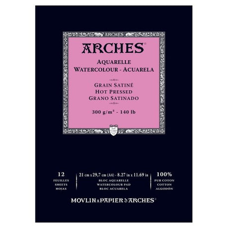 High-quality Arches A4 watercolour pad, 300gsm, hot pressed, ideal for vibrant, stable watercolor artwork.