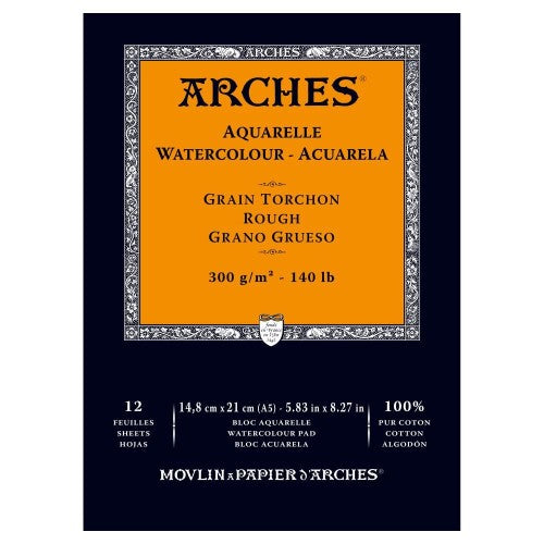 Arches 300gsm A5 watercolor pad, crafted from 100% cotton, offering excellent water absorption and durability for artists.