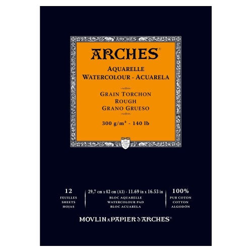 High-quality Arches A3 watercolour pad with 300gsm rough texture, made of 100% cotton for excellent water absorption.