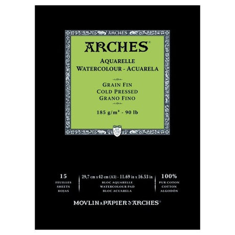 Arches A3 Cold Pressed Water Colour Pad, 185gsm, 15 sheets of premium, 100% cotton, scratch-resistant, ideal for vibrant watercolour techniques.