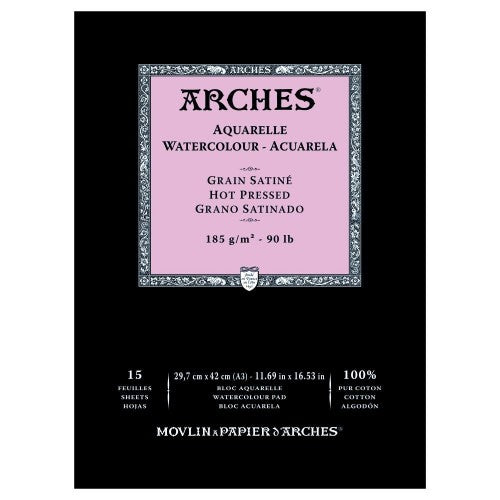 High-quality Arches A3 watercolor pad with 15 sheets of 185gsm hot pressed cotton paper, ideal for artists.