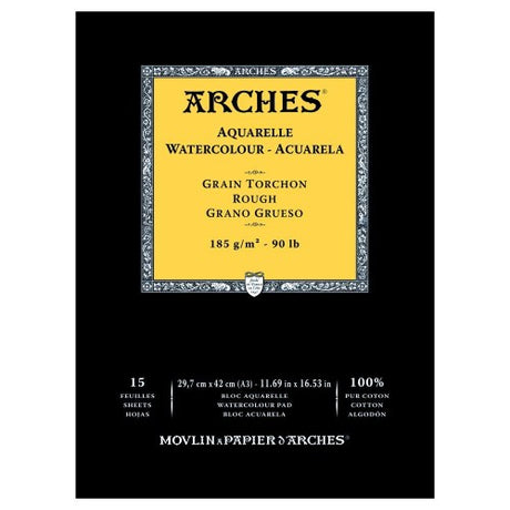 Arches Water Colour Pad A3, 185gsm, rough texture, 15 sheets, ideal for vibrant watercolour artwork without warping.