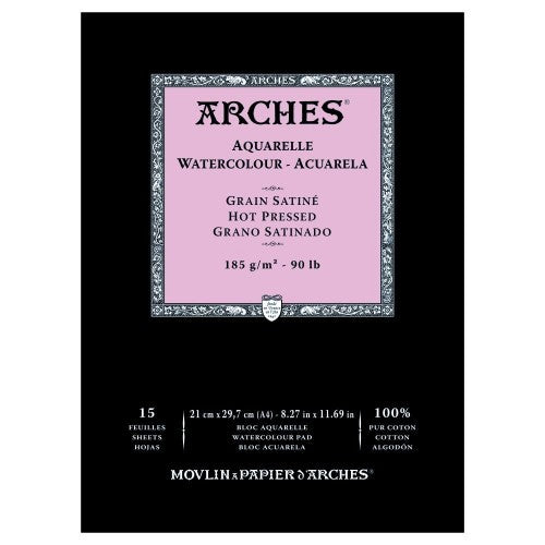 High-quality Arches A4 watercolor pad, 185gsm, hot pressed, 15 sheets, ideal for vibrant, warp-resistant painting.