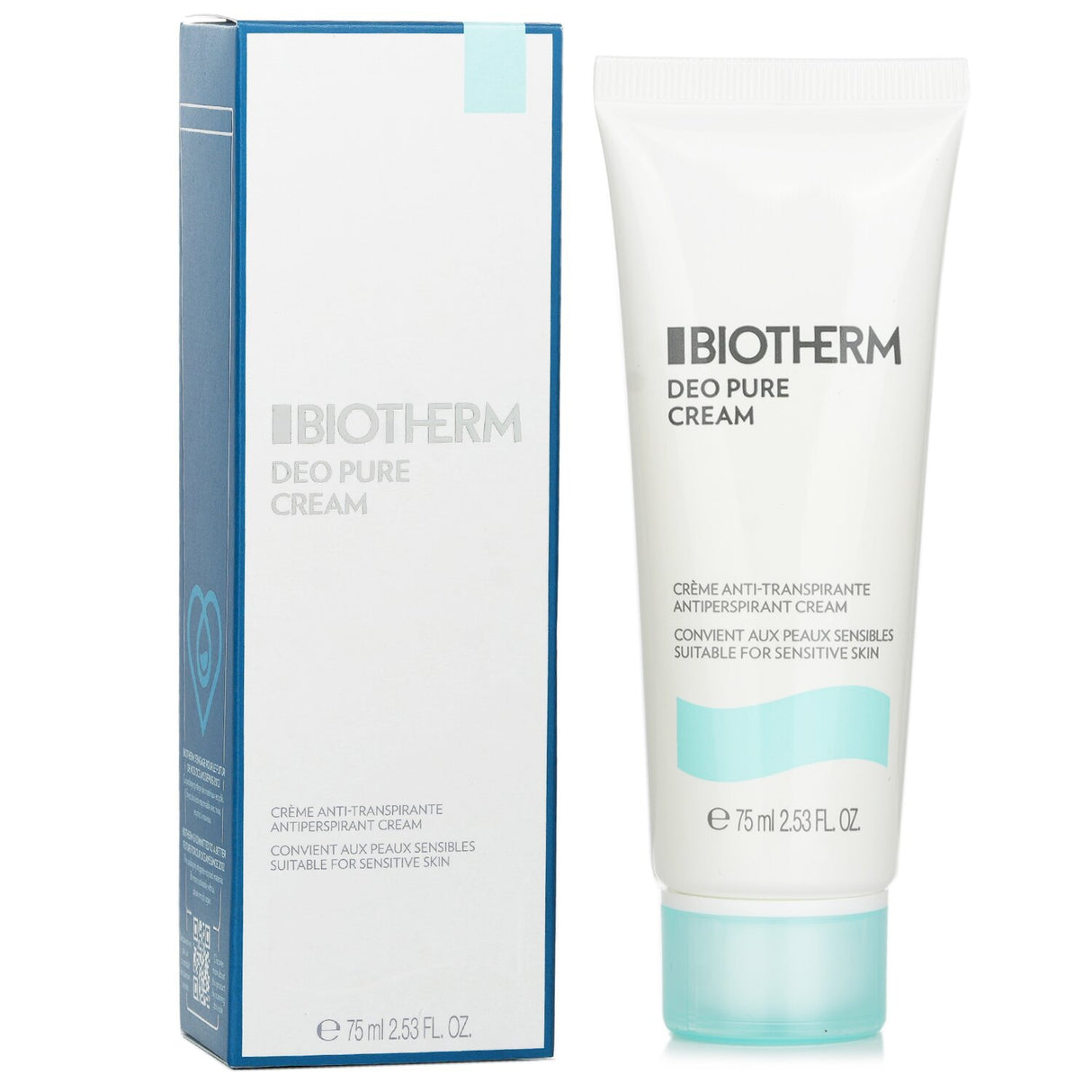 Biotherm Deo Pure Antiperspirant Cream in a 75ml tube, offering long-lasting, alcohol-free protection for sensitive skin.