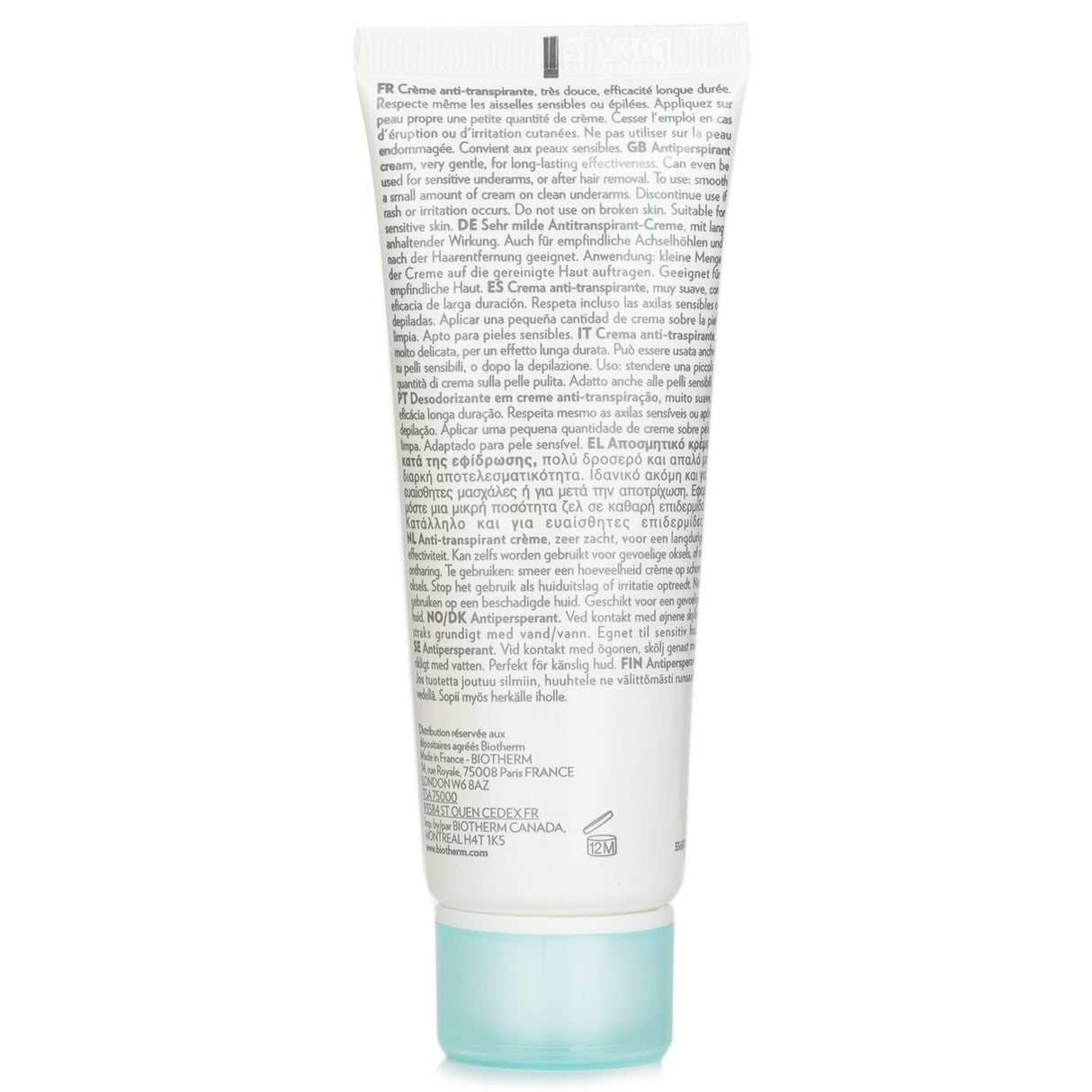 Biotherm Deo Pure Antiperspirant Cream in a 75ml tube, offering all-day fresh, gentle, and effective sweat protection.