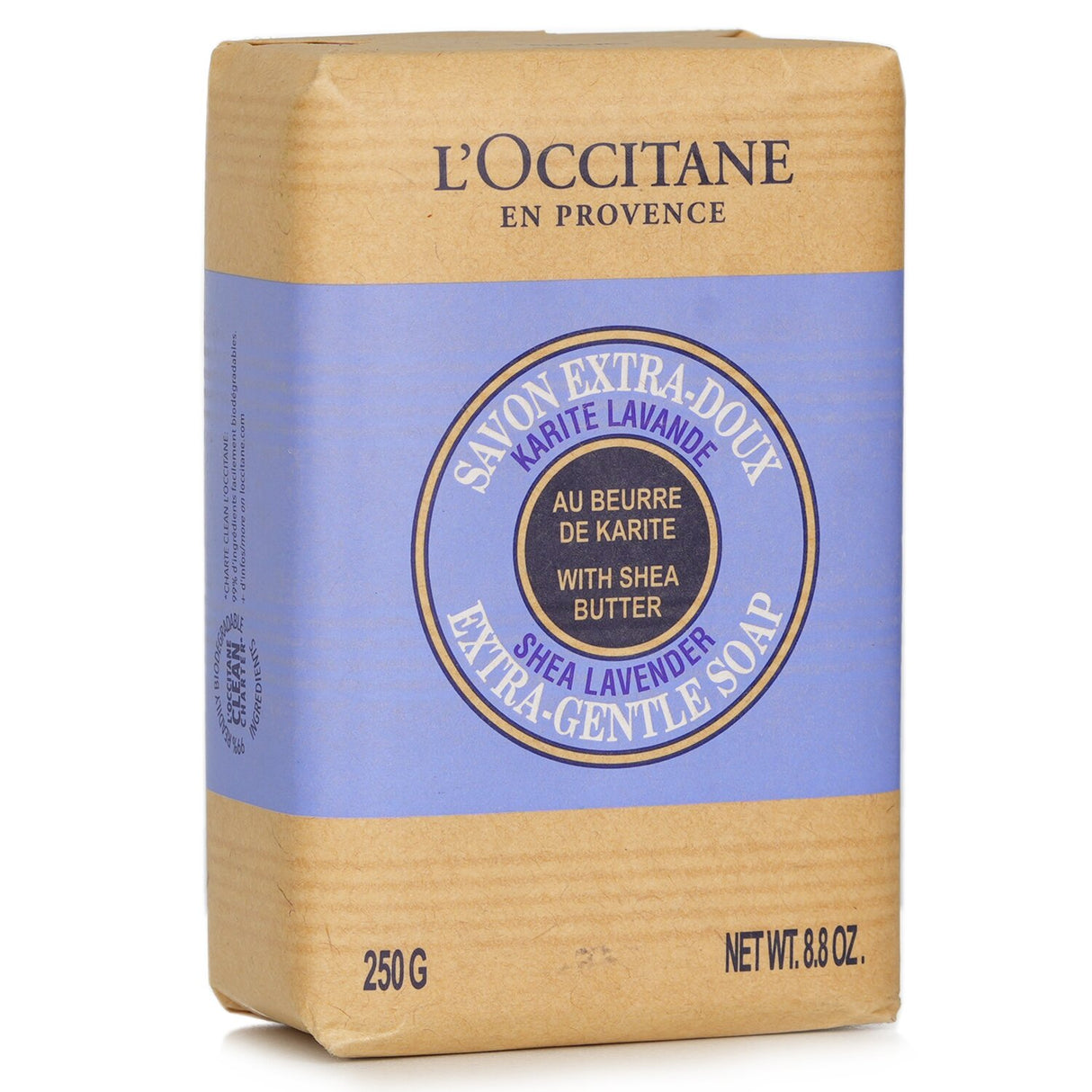 L'Occitane Shea Butter Lavender Soap, 250g, offers gentle cleansing and hydration with a soothing lavender scent for all skin types.