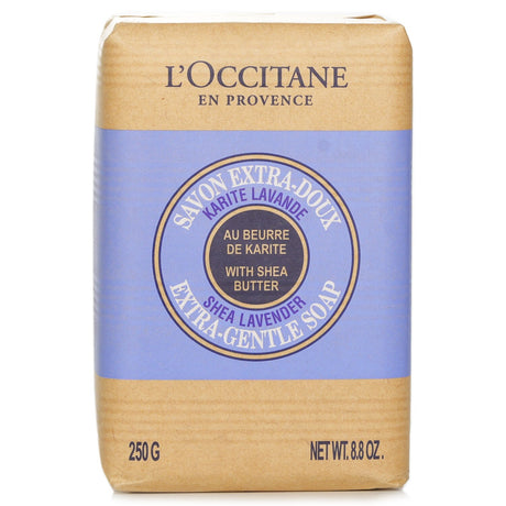 L'Occitane Lavender Shea Butter soap bar, 250g; nourishing, gentle cleanser with calming lavender scent for all skin types.