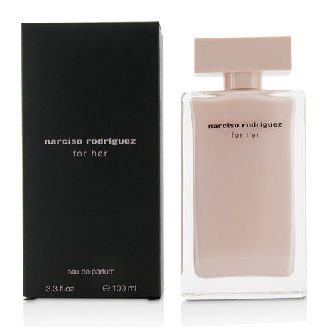 Elegant 100ml Narciso Rodriguez For Her Eau De Parfum with woody, ambery notes, perfect for evening wear and special occasions.