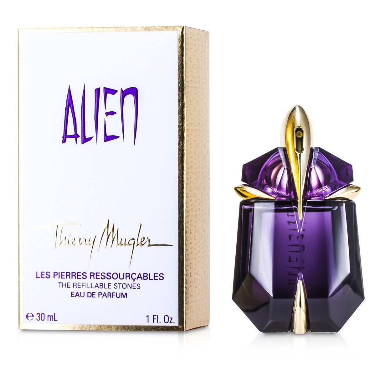 Refillable 30ml Alien Eau De Parfum by Thierry Mugler, featuring sweet Jasmine, woodsy notes, and warm Amber for women.